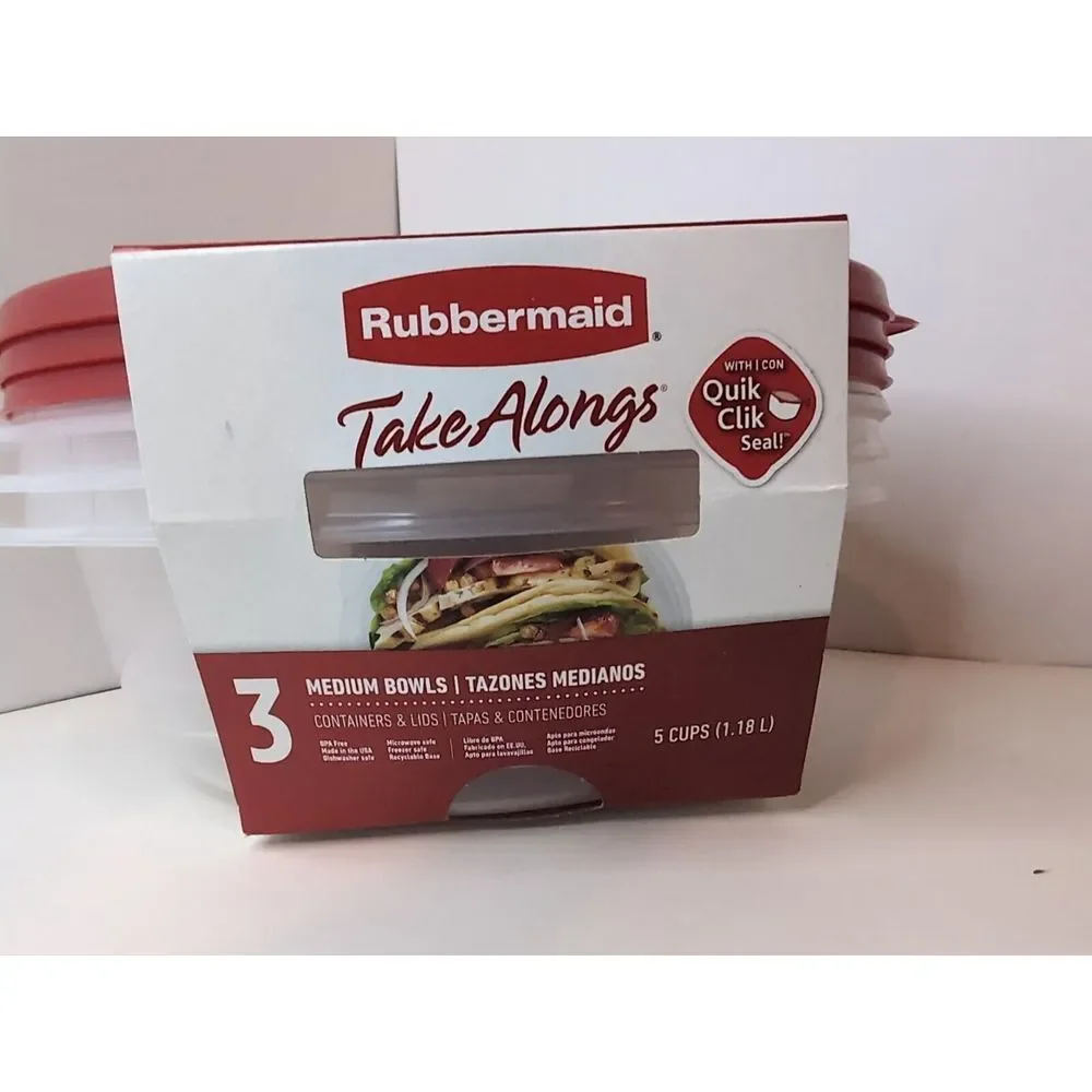 NEW Rubbermaid Take Alongs Medium Bowls Round 5 Cups‎ 3 Pack Red/ Clear